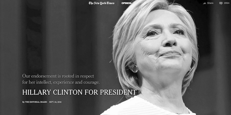 L'intestazione dell'editoriale "Hillary Clinton for President" con cui il New York Times ha dato il suo endorsement a Clinton, il 24 settembre 2016
