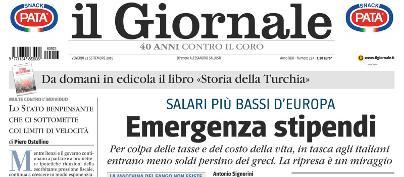 Le prime pagine di venerdì 23 settembre 2016