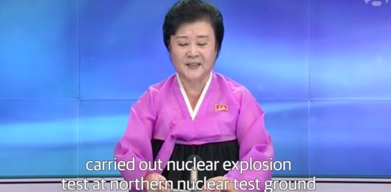 Un'immagine tratta dal messaggio televisivo con il quale il governo nordcoreano ha confermato il test nucleare.