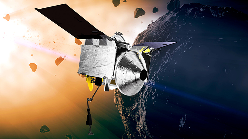 La sonda OSIRIS-REx in una elaborazione grafica, sullo sfondo l'asteroide Bennu (NASA)