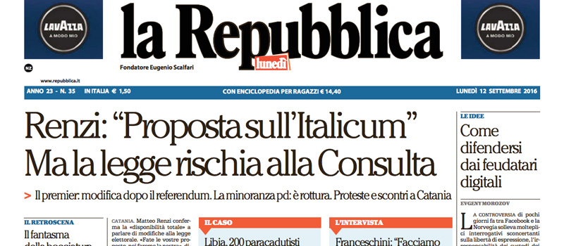 Le prime pagine di lunedì 12 settembre 2016