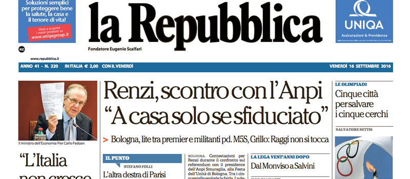 Le prime pagine di venerdì 16 settembre 2016