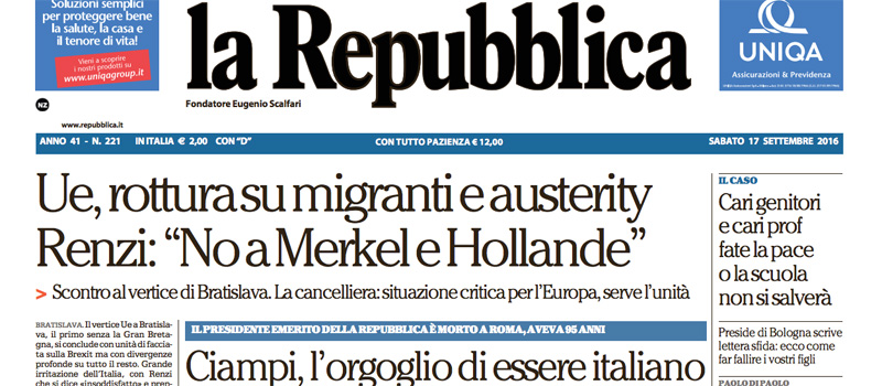 Le prime pagine di sabato 17 settembre 2016