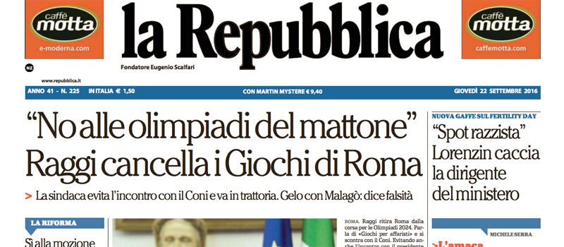 Le prime pagine di giovedì 22 settembre 2016