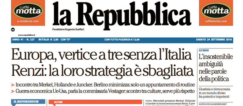 Le prime pagine di sabato 24 settembre 2016