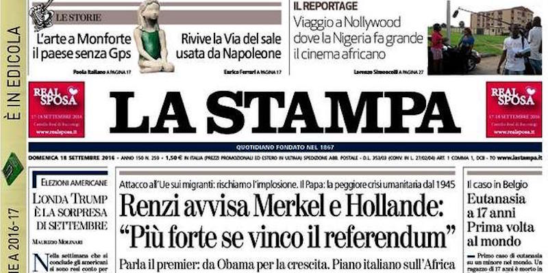 Le prime pagine di domenica 18 settembre 2016