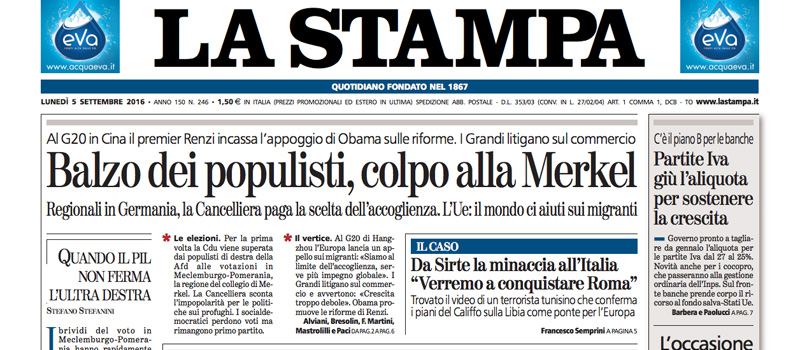 Le prime pagine di lunedì 5 settembre 2016