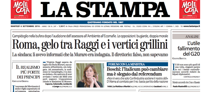 Le prime pagine di martedì 6 settembre 2016