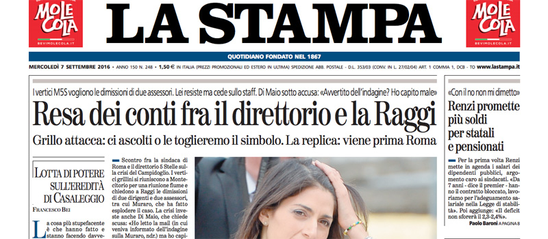 Le prime pagine di mercoledì 7 settembre 2016