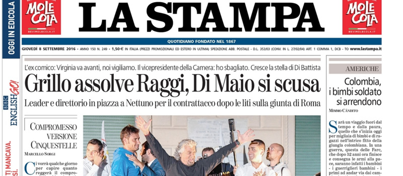 Le prime pagine di giovedì 8 settembre 2016