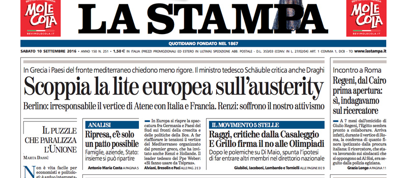 Le prime pagine di sabato 10 settembre 2016