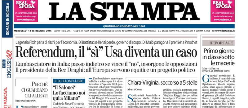 Le prime pagine di mercoledì 14 settembre 2016