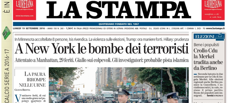 Le prime pagine di lunedì 19 settembre 2016