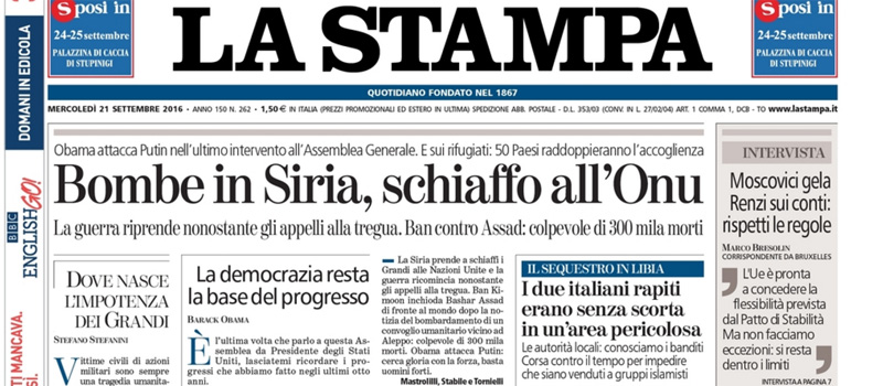 Le prime pagine di mercoledì 21 settembre 2016