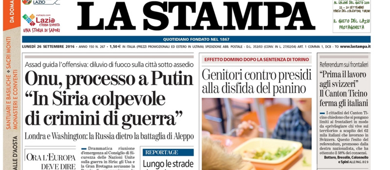 Le prime pagine di lunedì 26 settembre 2016