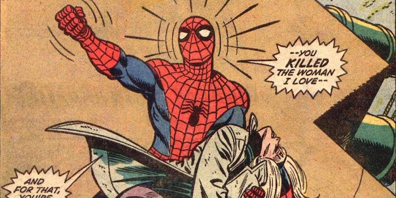La morte di Gwen Stacey, fidanzata di Peter Parker, in uno dei fumetti della serie "The Amazing Spider-Man" della Marvel, pubblicato nell'estate del 1973