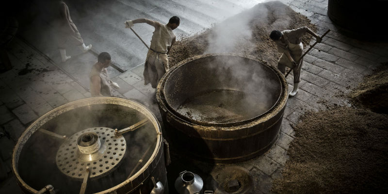 Dei dipendenti al lavoro nello stabilimento di produzione del baijiu di Shuijingfanga a Chengdu, in Cina ( Qilai Shen — Bloomberg)