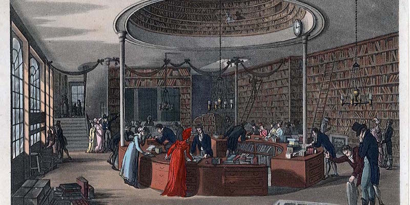 La libreria Temple of the Muses di Londra in una stampa del 1828; fu aperta nel 1794 da James Lackington (Wikimedia Commons)