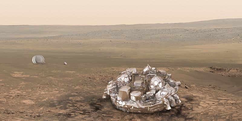 Il lander Schiaparelli sulla superficie di Marte, in un'elaborazione grafica (ESA) 