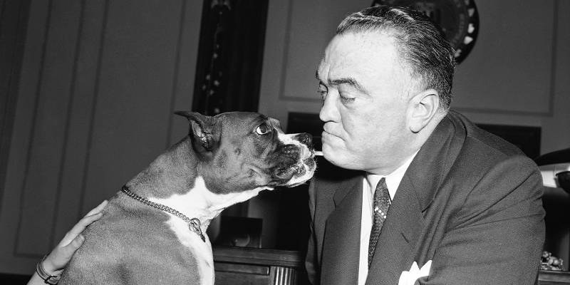 J. Edgar Hoover, capo dell'FBI, con il cane Holly Spring - Washington, DC, Stati Uniti, 7 aprile 1954 (AP Photo/William J. Smith)
