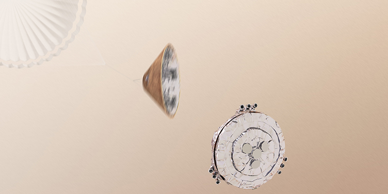 Il lander Schiaparelli poco dopo essersi separato dal suo paracadute con il guscio termico protettivo, in un'elaborazione grafica (ESA)