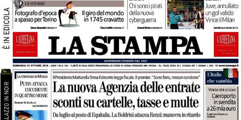 Le prime pagine di domenica 23 ottobre 2016