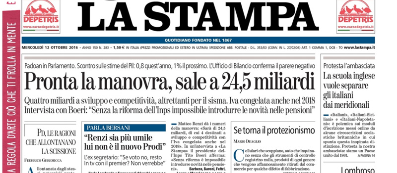 Le prime pagine di mercoledì 12 ottobre 2016