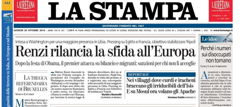 Le prime pagine di giovedì 20 ottobre 2016