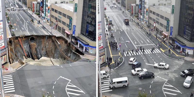 Le immagini mostrano la voragine che si è aperta a Fukuoka l'8 novembre e la strada riparata e riaperta il 15 novembre
(Kyodo)