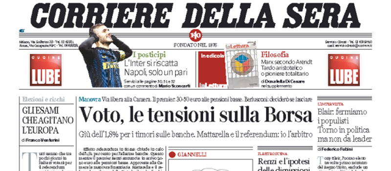 Le prime pagine di martedì 29 novembre 2016