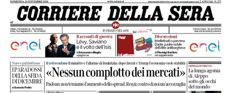 Le prime pagine di domenica 20 novembre 2016