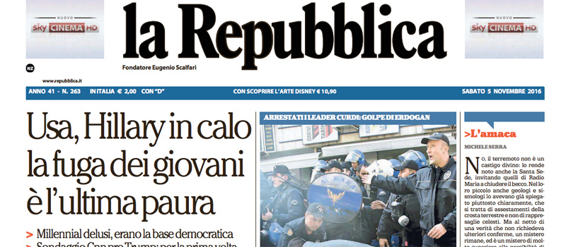 Le prime pagine di sabato 5 novembre 2016