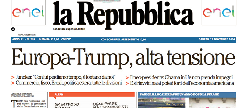 Le prime pagine di sabato 12 novembre 2016