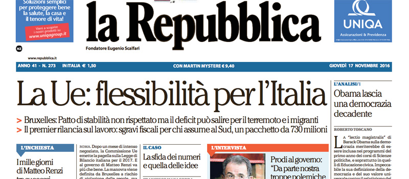Le prime pagine di giovedì 17 novembre 2016