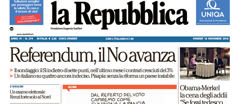 Le prime pagine di venerdì 18 novembre 2016