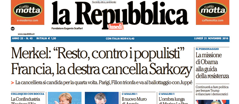 Le prime pagine di lunedì 21 novembre 2016