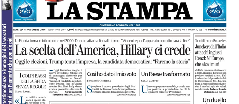 Le prime pagine di martedì 8 novembre 2016