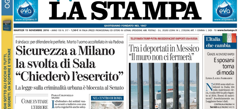 Le prime pagine di martedì 15 novembre 2016