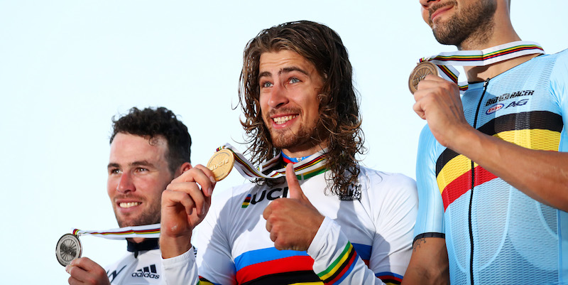 Peter Sagan, vincitore dei Mondiali di ciclismo, accanto a Mark Cavendish e Tom Boonen (Bryn Lennon/Getty Images)