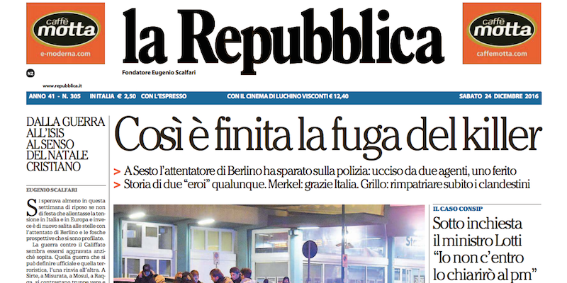 Le prime pagine di sabato 24 dicembre 2016