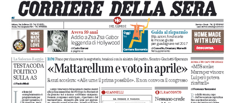 Le prime pagine di lunedì 19 dicembre 2016