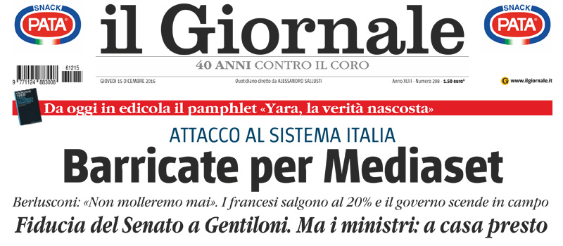 Le prime pagine di giovedì 15 dicembre 2016
