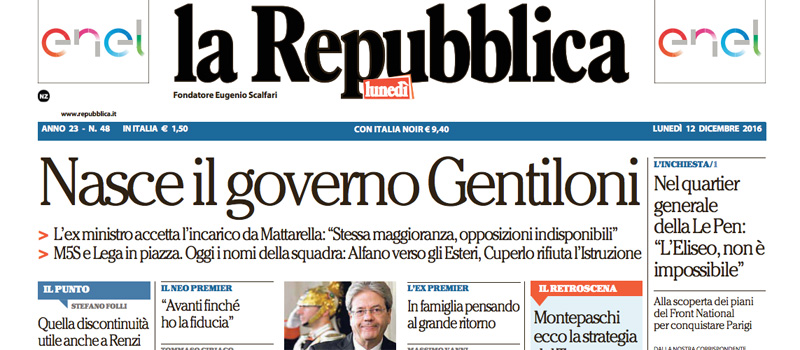 Le prime pagine di lunedì 12 dicembre 2016