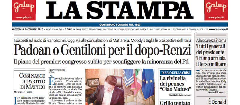 Le prime pagine di giovedì 8 dicembre 2016