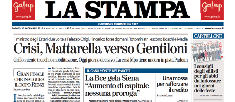 Le prime pagine di sabato 10 dicembre 2016