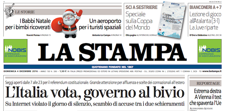 Le prime pagine di domenica 4 dicembre 2016