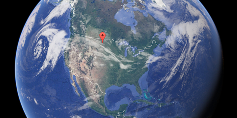 La posizione di Center, in North Dakota, vista da Google Earth: è in questa cittadina minuscola che si trova il centro geografico del Nord America secondo le stime più accurate