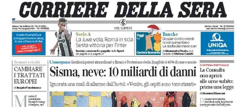 Le prime pagine di lunedì 23 gennaio 2017