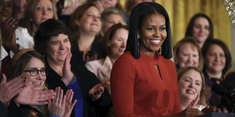 La first lady degli Stati Uniti Michelle Obama nel suo ultimo discorso alla Casa Bianca, il 6 gennaio 2017 (AP Photo/Manuel Balce Ceneta)