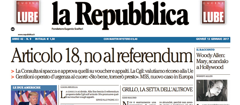 Le prime pagine di giovedì 12 gennaio 2017